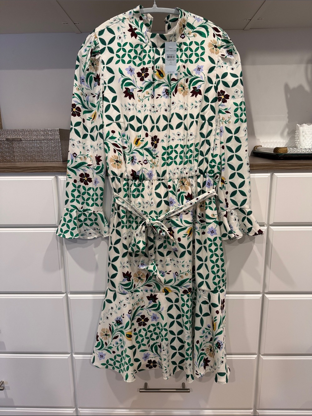 Ann Taylor Cream Midi Dress with Green Geometric & Floral Print